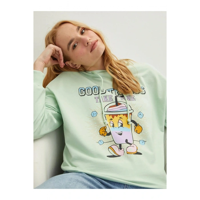 LCW Vision Yeşil Kapüşonlu Baskılı Uzun Kollu Kadın Sweatshirt