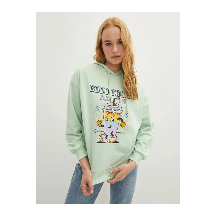 LCW Vision Yeşil Kapüşonlu Baskılı Uzun Kollu Kadın Sweatshirt