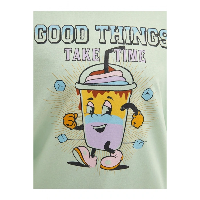 LCW Vision Yeşil Kapüşonlu Baskılı Uzun Kollu Kadın Sweatshirt