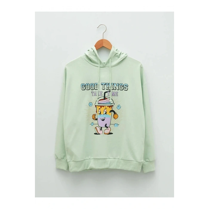 LCW Vision Yeşil Kapüşonlu Baskılı Uzun Kollu Kadın Sweatshirt