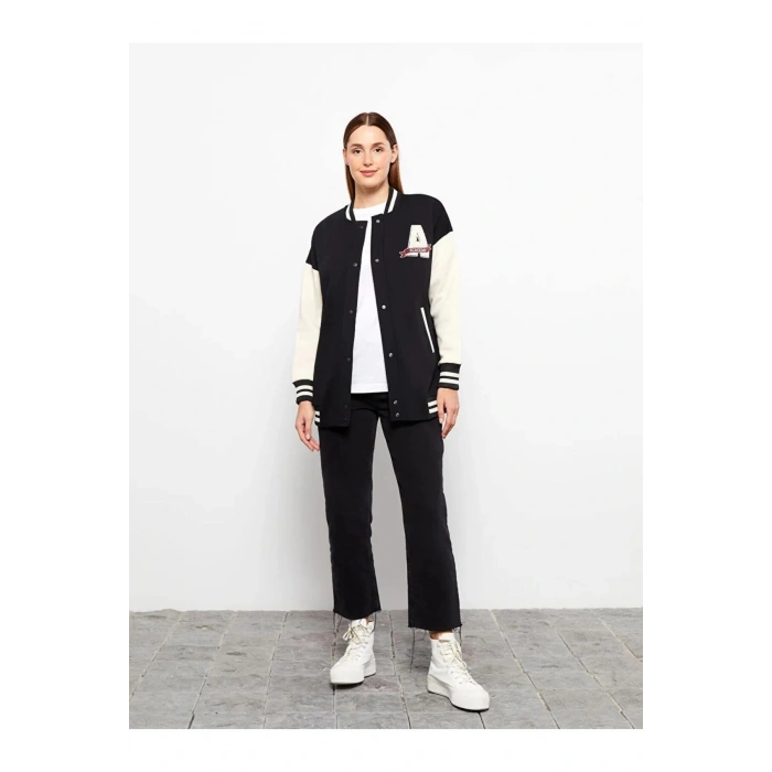 LCW Modest Siyah Bomber Yaka Nakışlı Kadın Kolej Ceket