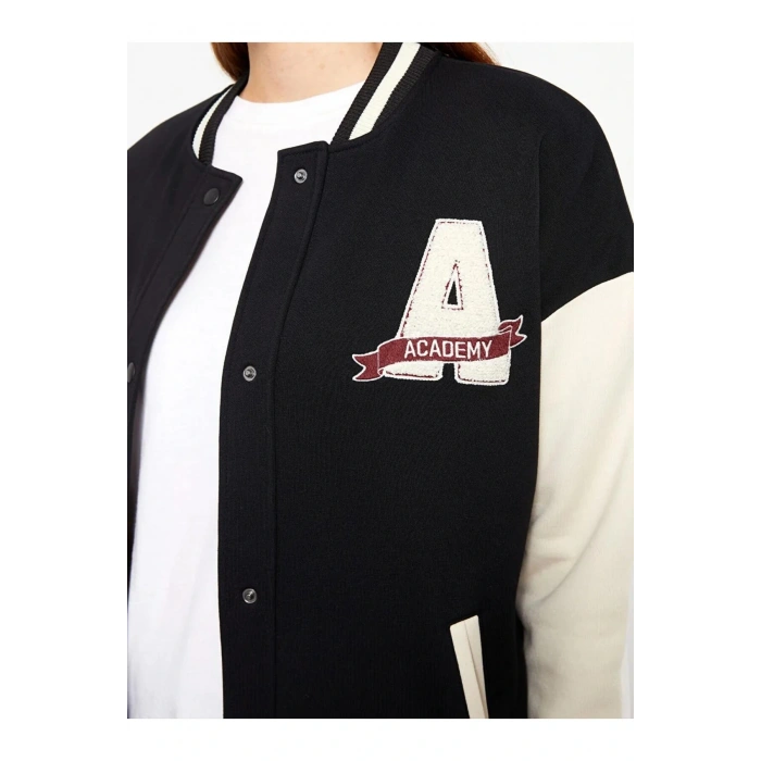 LCW Modest Siyah Bomber Yaka Nakışlı Kadın Kolej Ceket