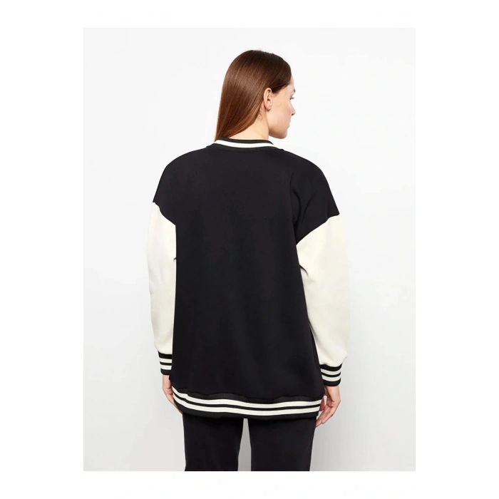 LCW Modest Siyah Bomber Yaka Nakışlı Kadın Kolej Ceket