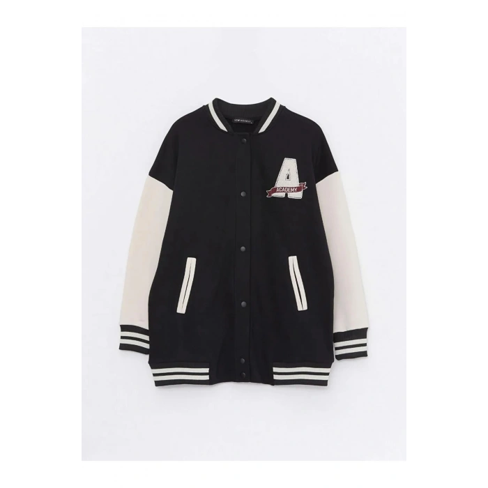 LCW Modest Siyah Bomber Yaka Nakışlı Kadın Kolej Ceket