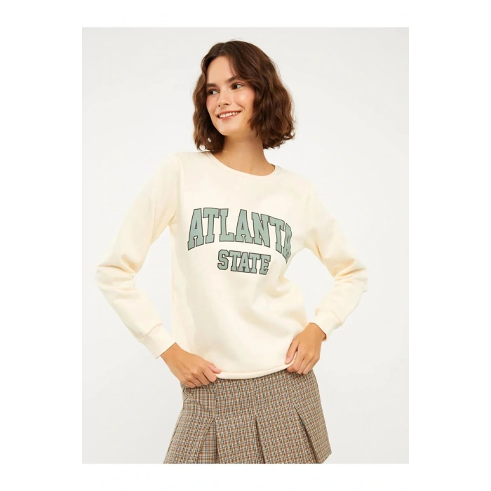 LCW Vision Bej Bisiklet Yaka Baskılı Kadın Kalın Sweatshirt