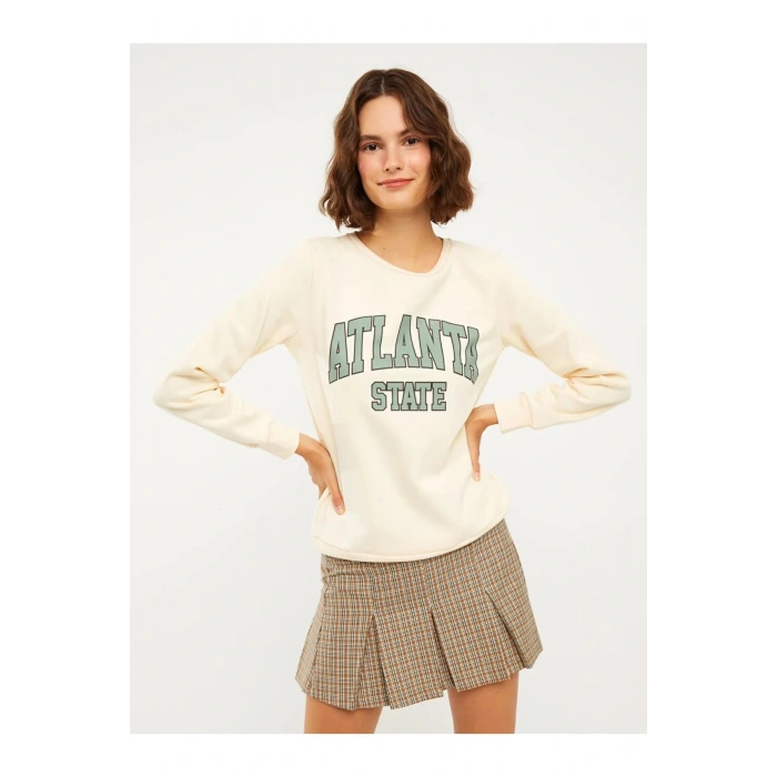 LCW Vision Bej Bisiklet Yaka Baskılı Kadın Kalın Sweatshirt