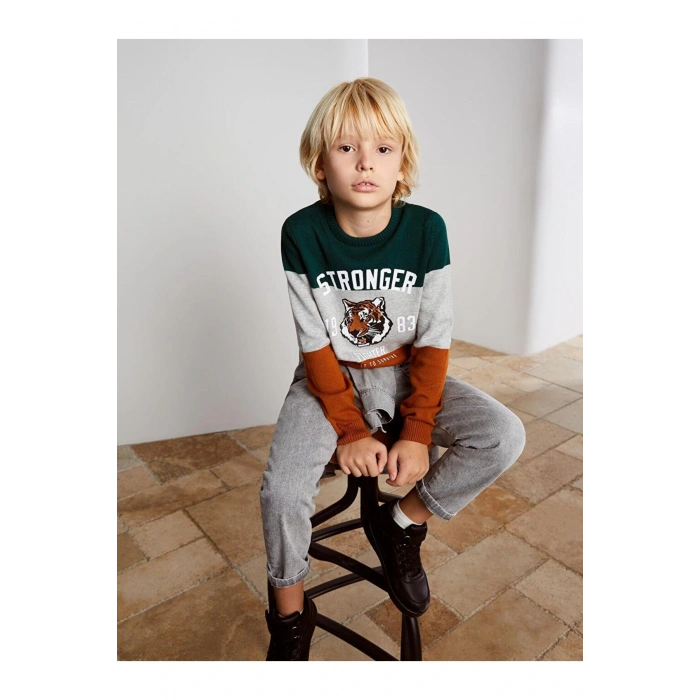 Bisiklet Yaka Desenli Uzun Kollu Erkek Çocuk Triko Kazak (ESKI)