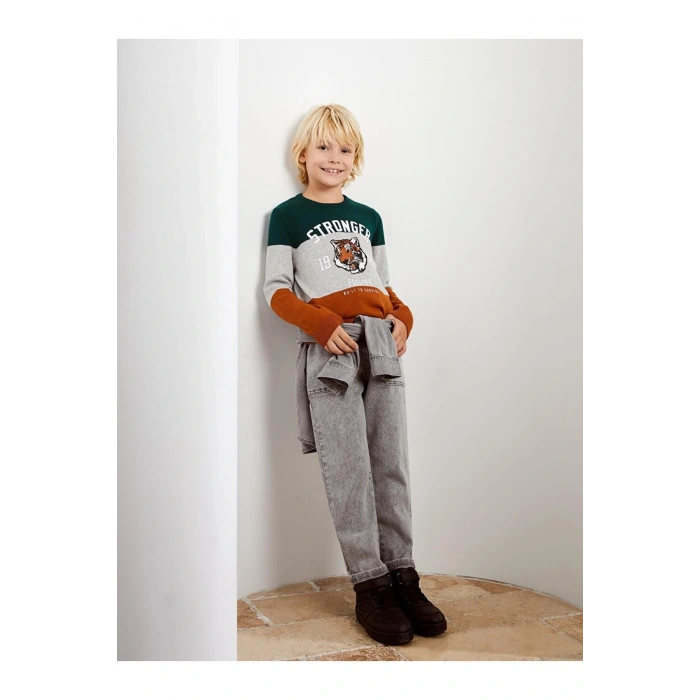 Bisiklet Yaka Desenli Uzun Kollu Erkek Çocuk Triko Kazak (ESKI)