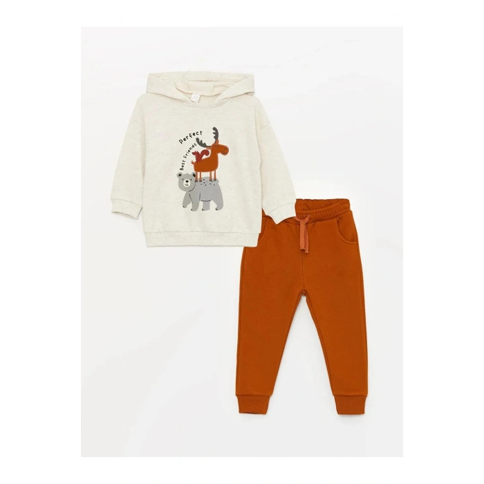 LCW baby Beyaz Kapüşonlu Uzun Kollu Baskılı Erkek Bebek Sweatshirt ve Eşofman Alt 2li Takım