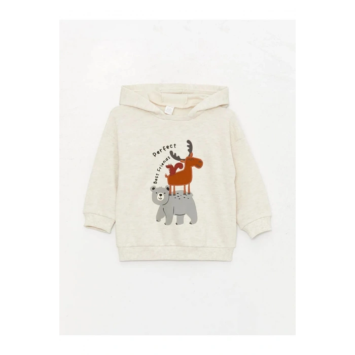 LCW baby Beyaz Kapüşonlu Uzun Kollu Baskılı Erkek Bebek Sweatshirt ve Eşofman Alt 2li Takım