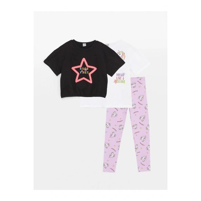 Bisiklet Yaka Baskılı Kısa Kollu Kız Çocuk Tişört Ve Tayt 3lü Takım