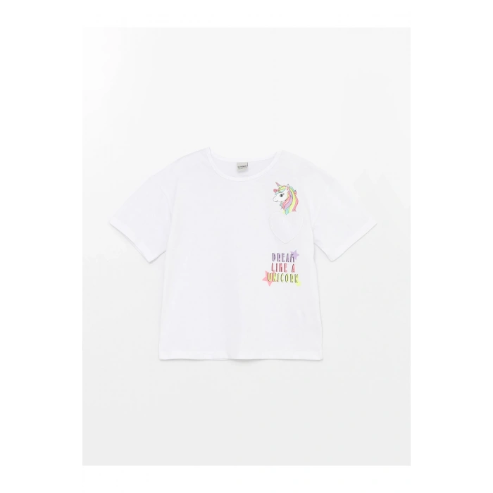 Bisiklet Yaka Baskılı Kısa Kollu Kız Çocuk Tişört Ve Tayt 3lü Takım