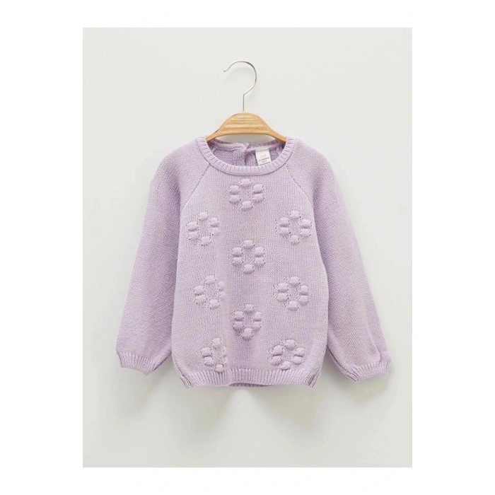 LCW ECO Lila Bisiklet Yaka Uzun Kol Kendinden Desenli Kız Bebek Triko Kazak