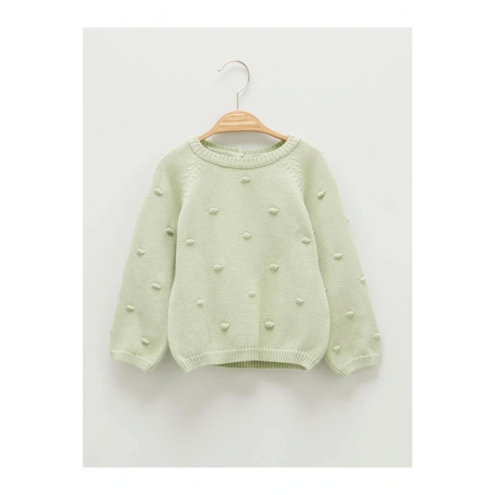 LCW baby Yeşil Bisiklet Yaka Uzun Kol Kendinden Desenli Kız Bebek Triko Kazak