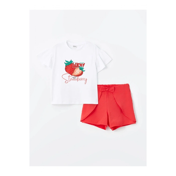 LCW Kids Bisiklet Yaka Baskılı Kısa Kollu Kız Çocuk Tişört ve Şort