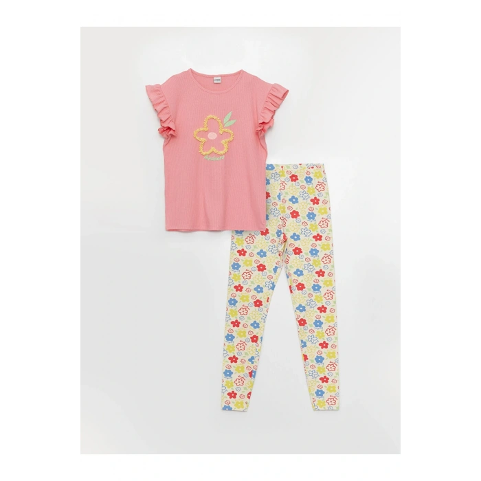 Bisiklet Yaka Baskılı Kısa Kollu Kız Çocuk Ve Tayt