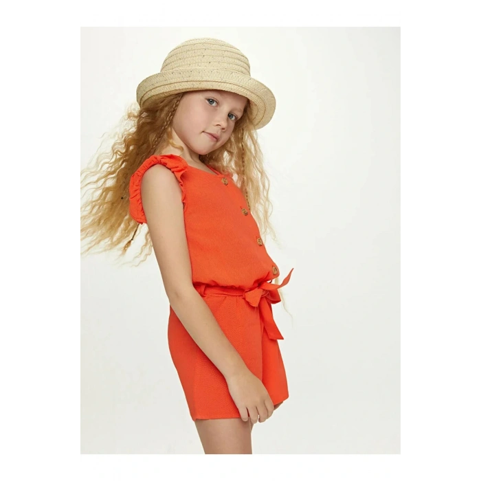 LCW Kids Turuncu Bisiklet Yaka Basic Kısa Kollu Viskon Kız Çocuk Tulum