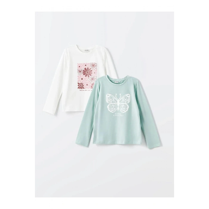 LCW Kids Ekru Bisiklet Yaka Baskılı Uzun Kollu Kız Çocuk Tişört 2li