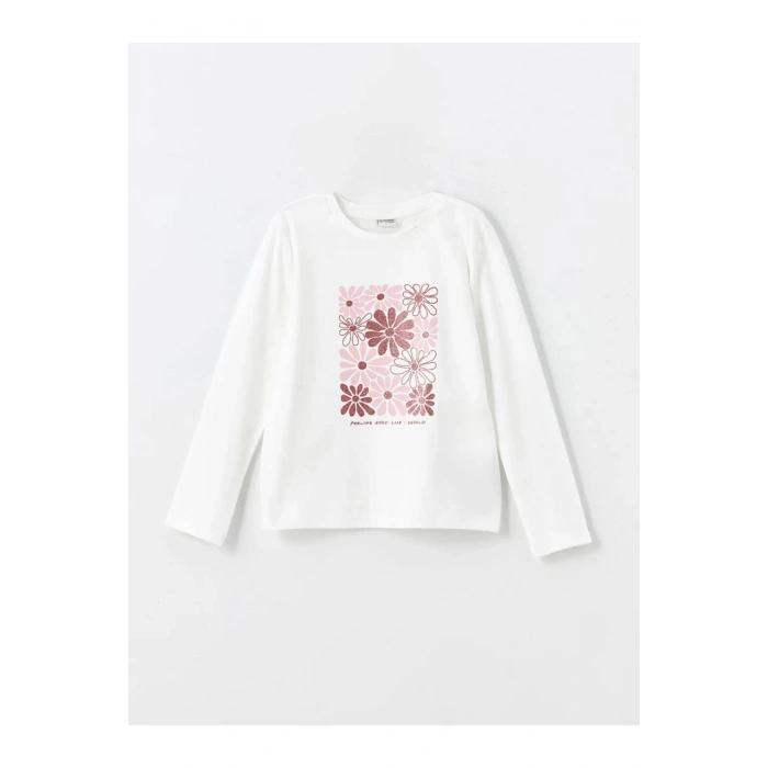 LCW Kids Ekru Bisiklet Yaka Baskılı Uzun Kollu Kız Çocuk Tişört 2li