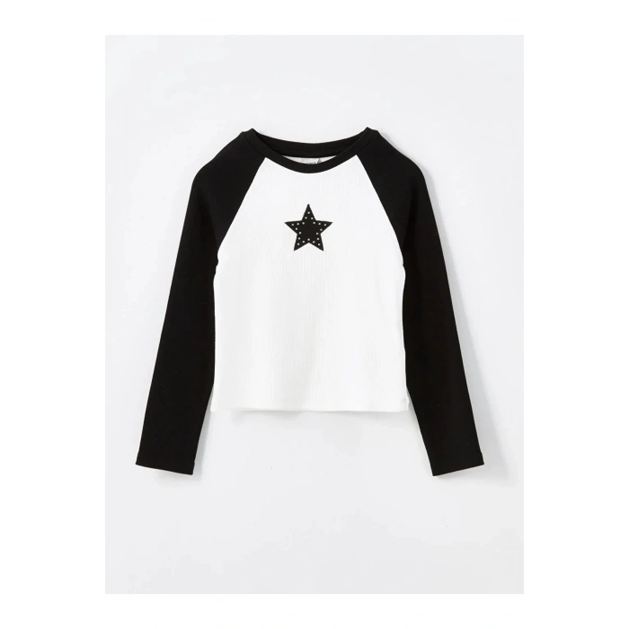 LCW Kids Yeni Siyah Bisiklet Yaka Nakışlı Uzun Kollu Kız Çocuk Crop Tişört