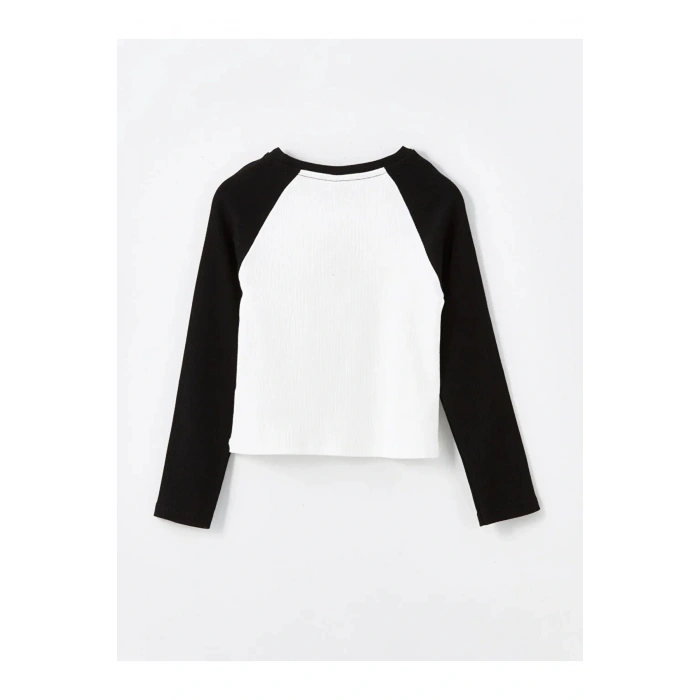 LCW Kids Yeni Siyah Bisiklet Yaka Nakışlı Uzun Kollu Kız Çocuk Crop Tişört