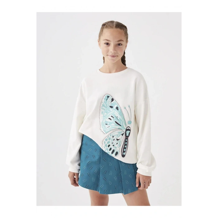 LCW Kids Ekru Bisiklet Yaka Baskılı Uzun Kollu Kız Çocuk Sweatshirt