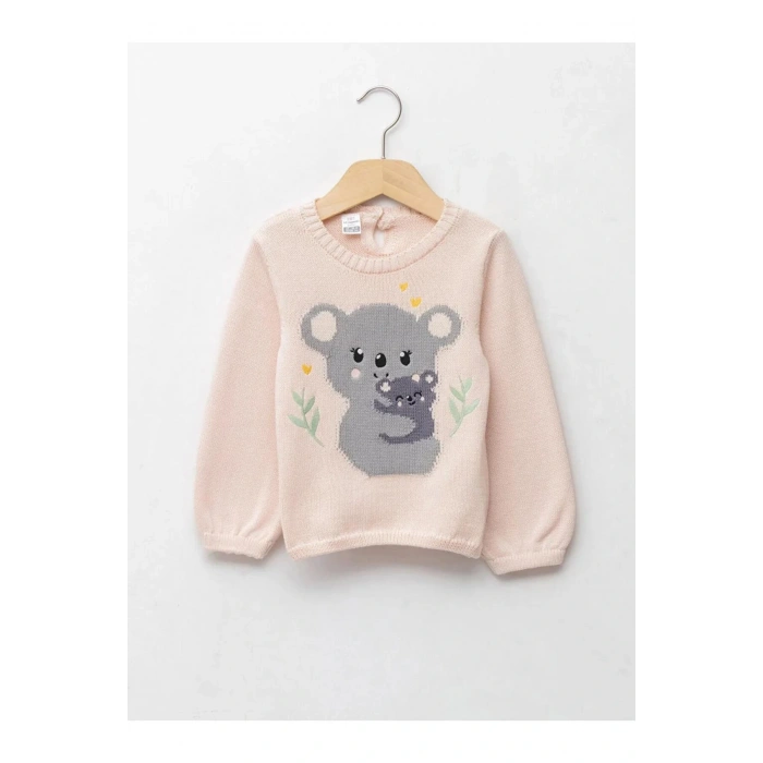 LCW baby Pembe Bisiklet Yaka Uzun Kollu Desenli Kız Bebek Triko Kazak