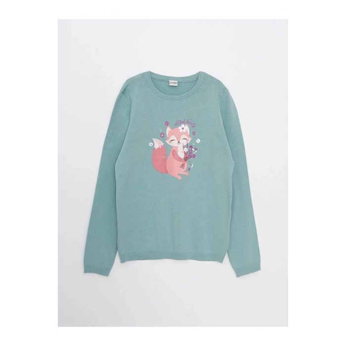 LCW Kids Yeşil Bisiklet Yaka Baskılı Uzun Kollu Kız Çocuk Triko Kazak