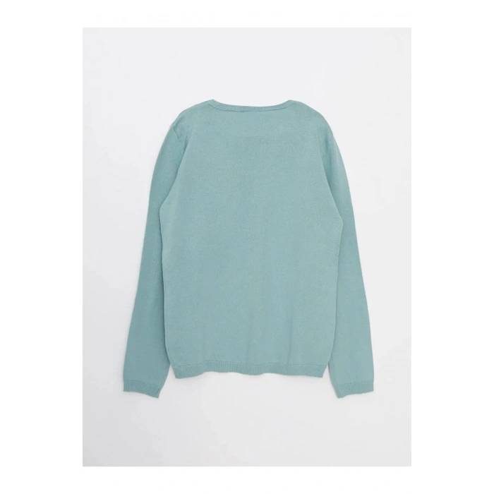 LCW Kids Yeşil Bisiklet Yaka Baskılı Uzun Kollu Kız Çocuk Triko Kazak