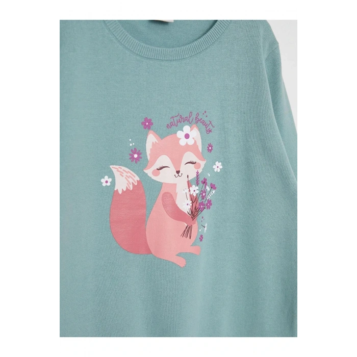 LCW Kids Yeşil Bisiklet Yaka Baskılı Uzun Kollu Kız Çocuk Triko Kazak