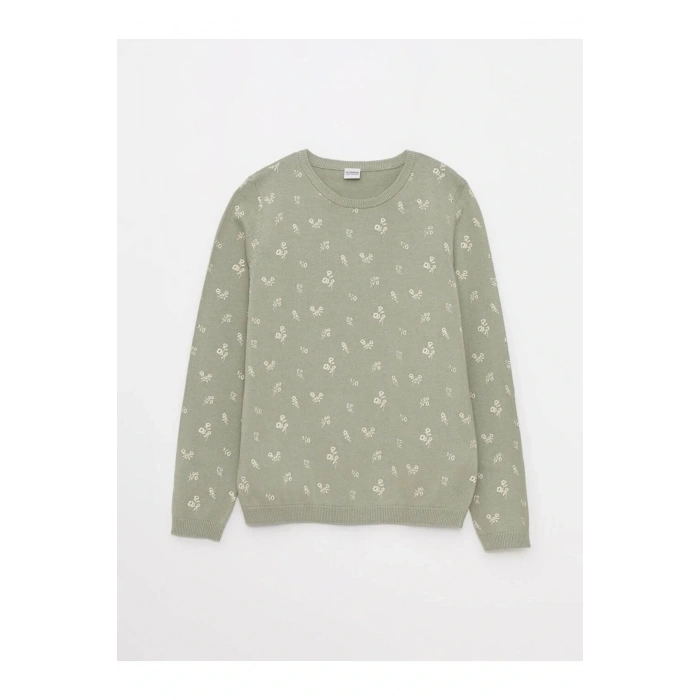 LCW Kids Yeşil Bisiklet Yaka Desenli Uzun Kollu Kız Çocuk Triko Kazak