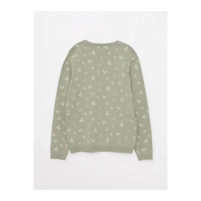 LCW Kids Yeşil Bisiklet Yaka Desenli Uzun Kollu Kız Çocuk Triko Kazak