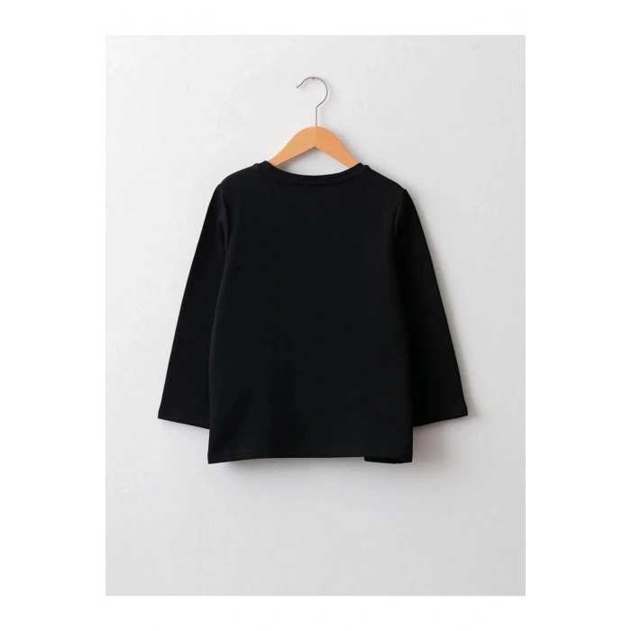 LCW ECO Siyah Bisiklet Yaka Baskılı Uzun Kollu Kız Çocuk Tişört