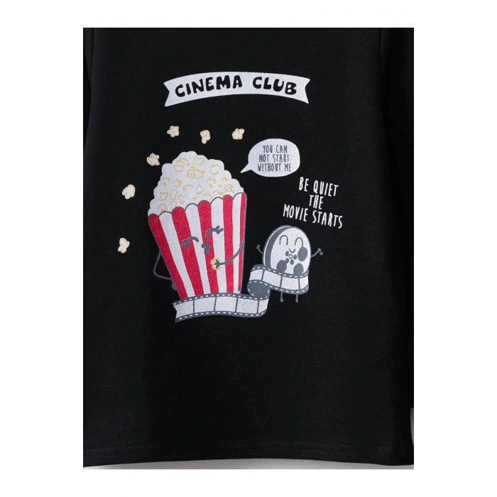 LCW ECO Siyah Bisiklet Yaka Baskılı Uzun Kollu Kız Çocuk Tişört