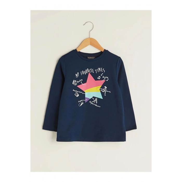 LCW ECO Lacivert Bisiklet Yaka Baskılı Uzun Kollu Kız Çocuk Tişört