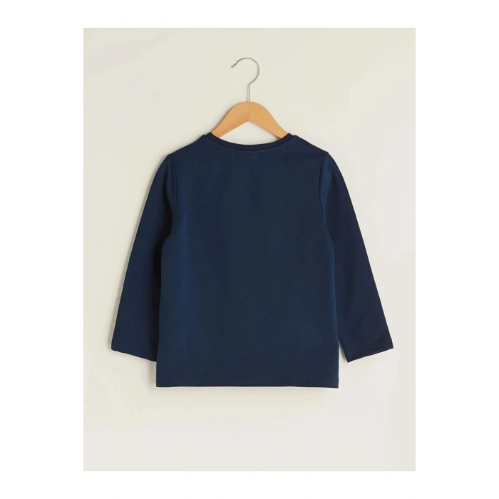 LCW ECO Lacivert Bisiklet Yaka Baskılı Uzun Kollu Kız Çocuk Tişört