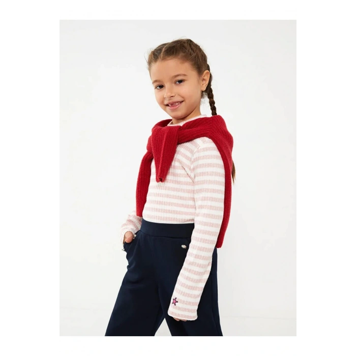 SOUTHBLUE Pembe Yarım Balıkçı Yaka Çizgili Uzun Kollu Kız Çocuk Tişört