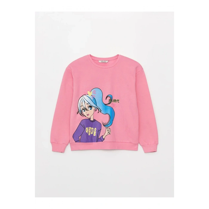LCW Kids Bisiklet Yaka Baskılı Uzun Kollu Kız Çocuk Sweatshirt