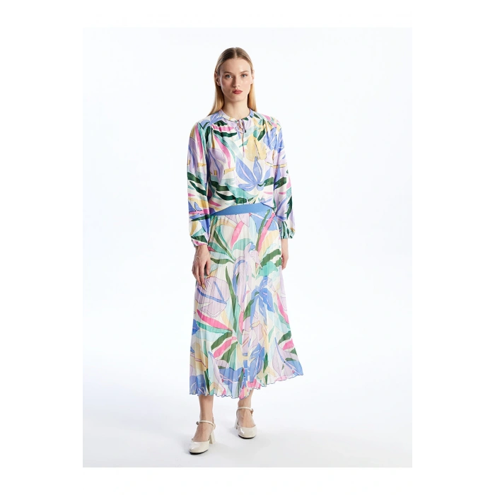 Beli Lastikli Desenli Şifon Kadın Pileli Etek