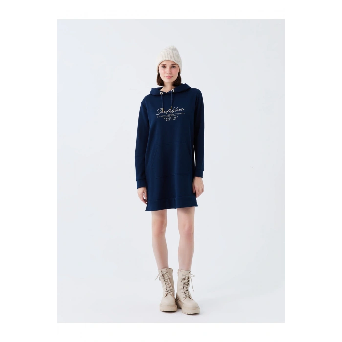 Kapüşonlu Baskılı Uzun Kollu Kadın Sweat Elbise