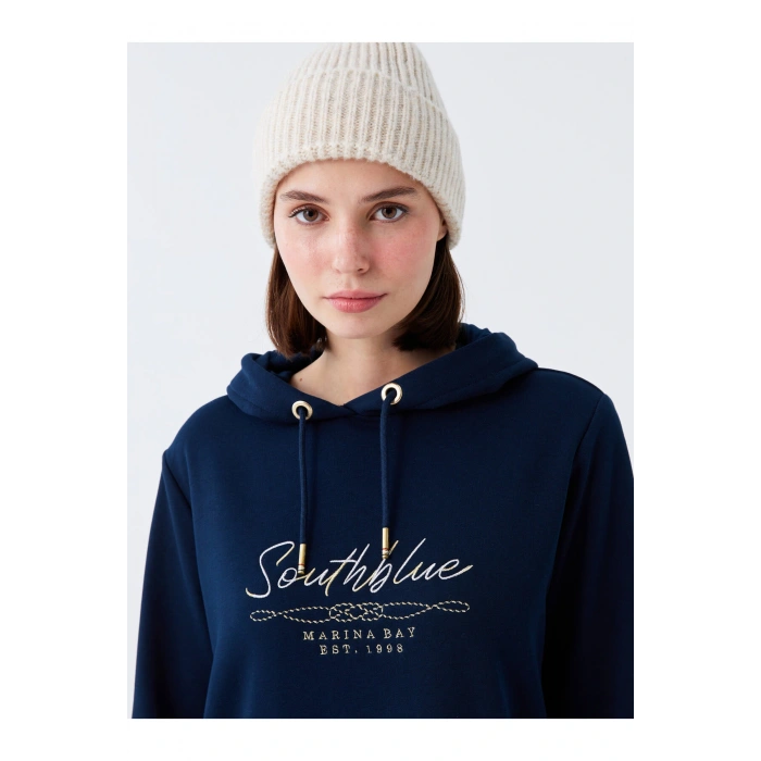 Kapüşonlu Baskılı Uzun Kollu Kadın Sweat Elbise