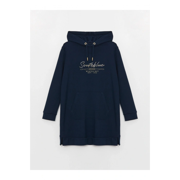 Kapüşonlu Baskılı Uzun Kollu Kadın Sweat Elbise