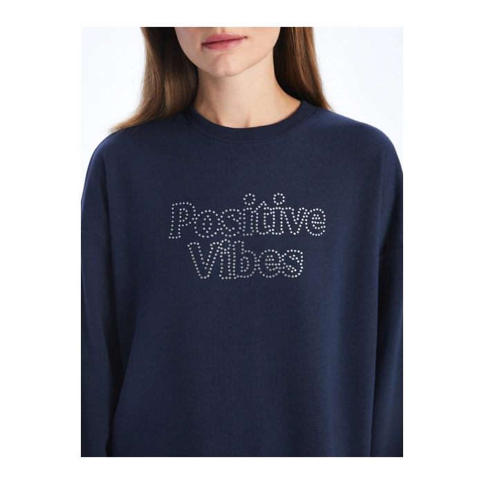 Bisiklet Yaka Taş Baskılı Uzun Kollu Oversize Kadın Sweatshirt Tunik