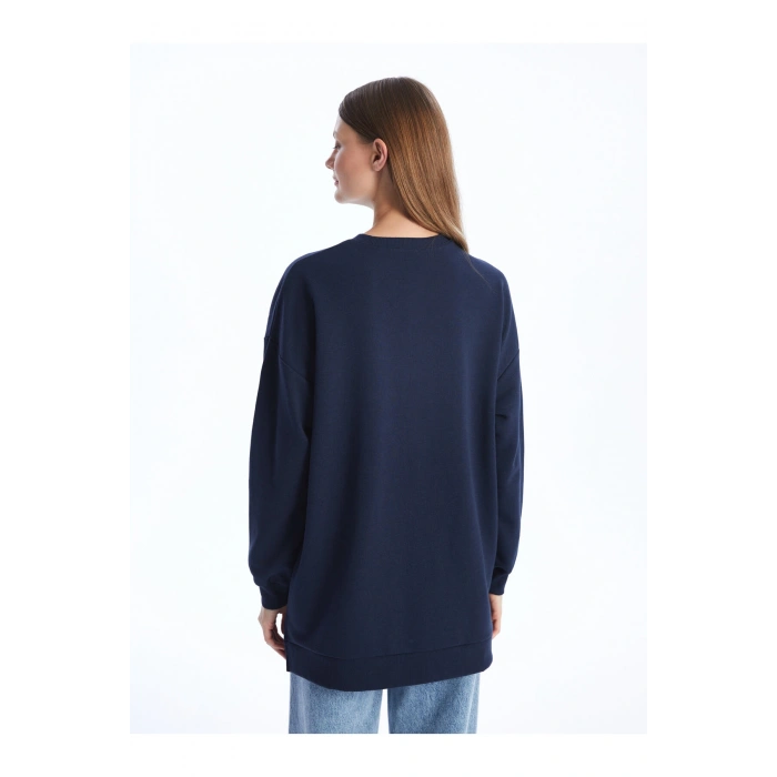 Bisiklet Yaka Taş Baskılı Uzun Kollu Oversize Kadın Sweatshirt Tunik