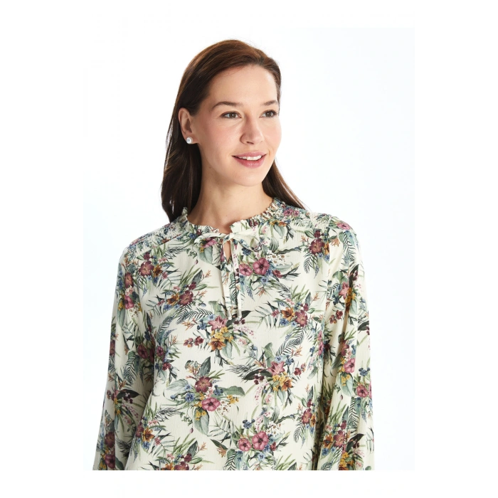 Bağlamalı Yaka Çiçekli Uzun Kollu Kadın Bluz