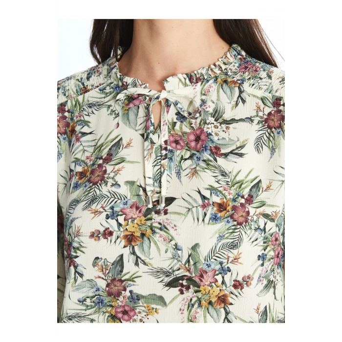 Bağlamalı Yaka Çiçekli Uzun Kollu Kadın Bluz