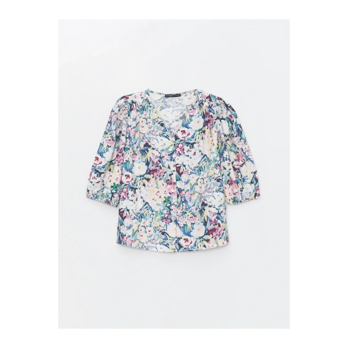 V Yaka Çiçekli Kadın Bluz