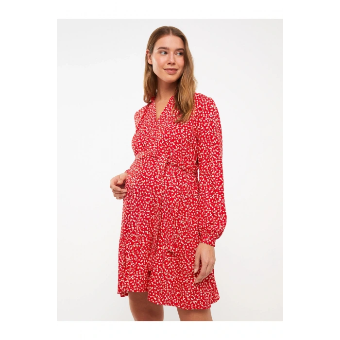 V Yaka Desenli Uzun Kollu Viskon Hamile Elbise