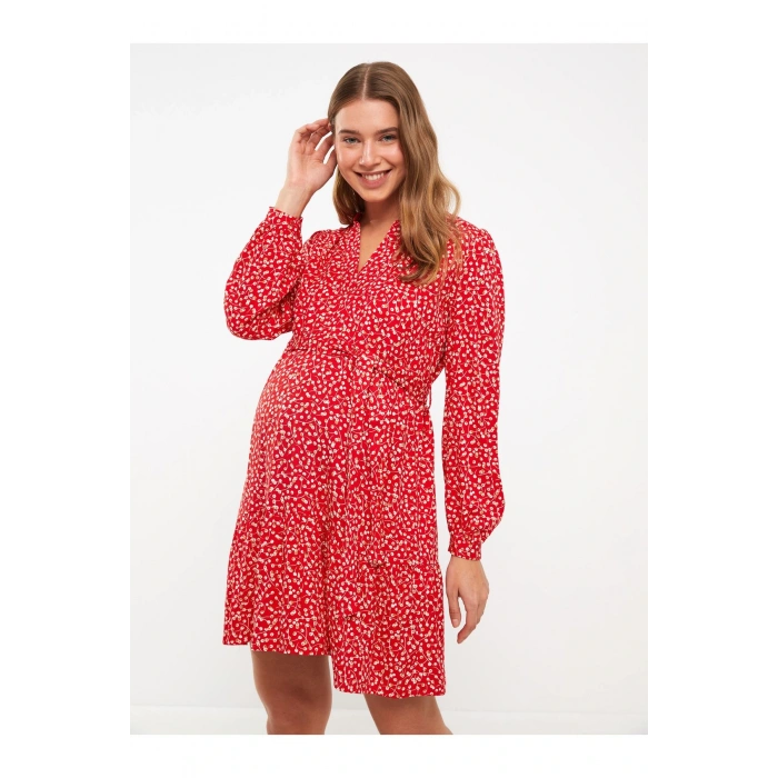 V Yaka Desenli Uzun Kollu Viskon Hamile Elbise