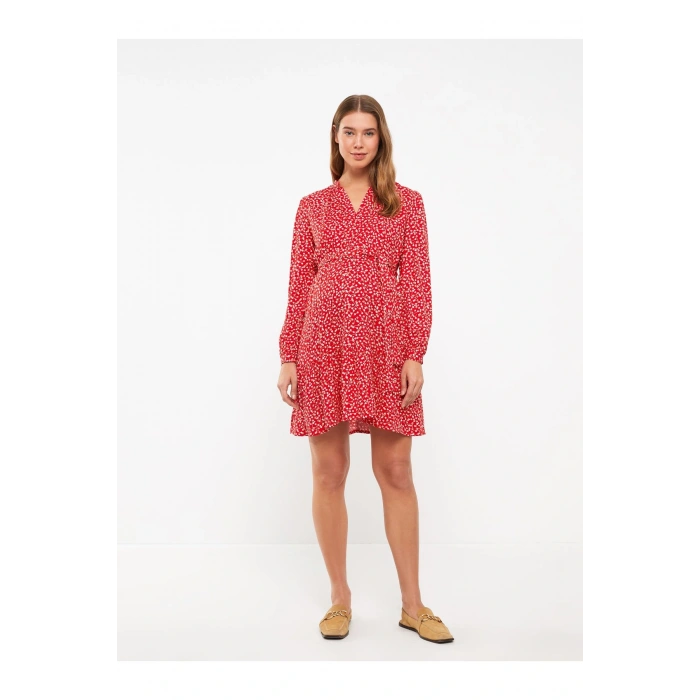 V Yaka Desenli Uzun Kollu Viskon Hamile Elbise